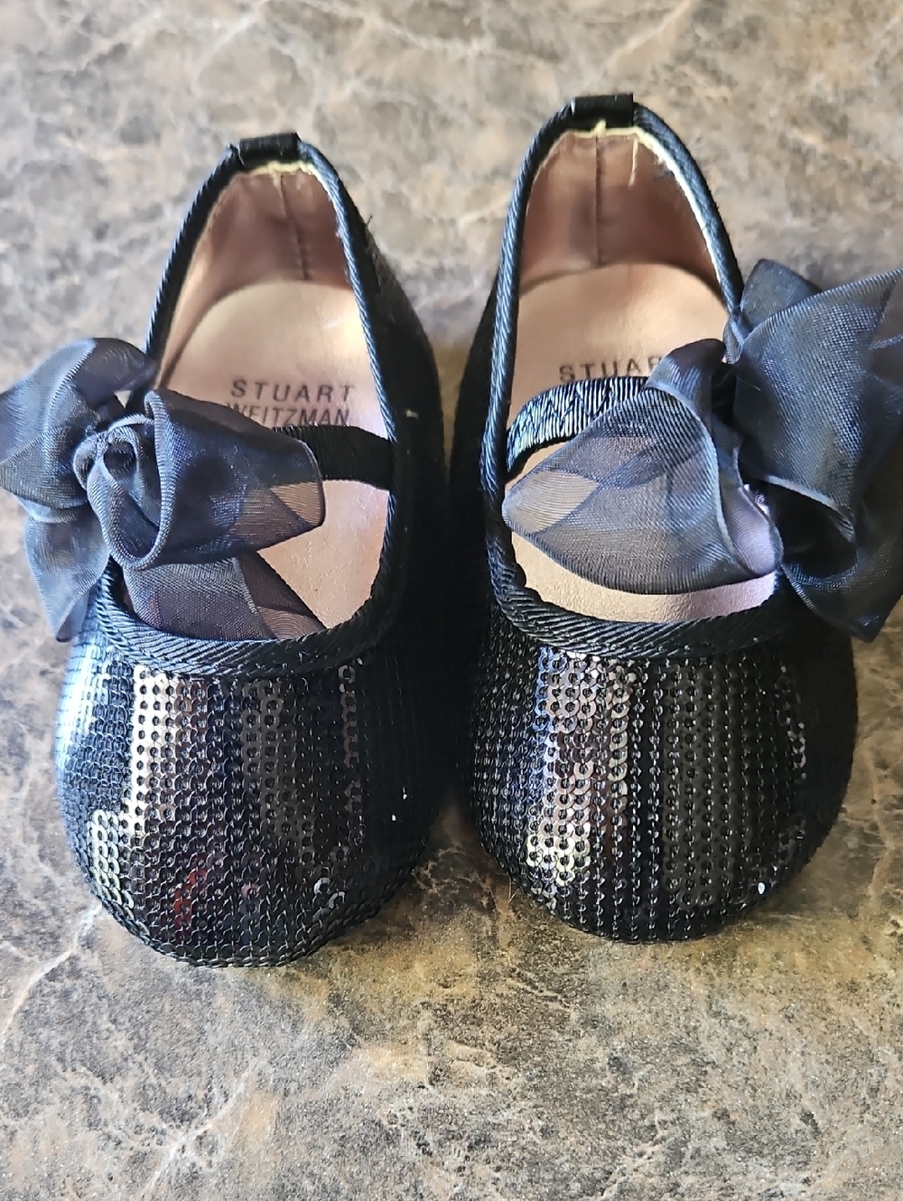 Stuart Weitzman Black Sequin Mary Jane Shoes with Bow